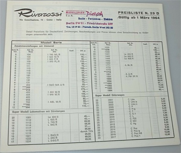 Rivarossi Preisliste N.29 D 1964 å