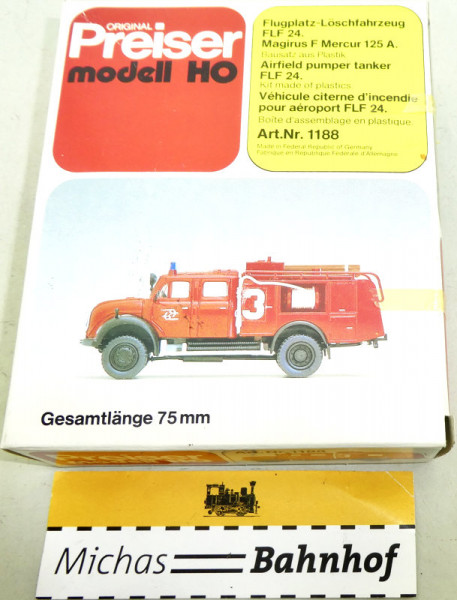 Preiser 1188 Flugplatz-Löschfahrzeug FLF 24. Magirus F Mercur 125 A Bausatz H0 1:87 HD6 å