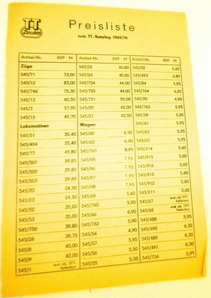 Preisliste zum TT Katalog 1969 1970 TT BTTB Zeuke å