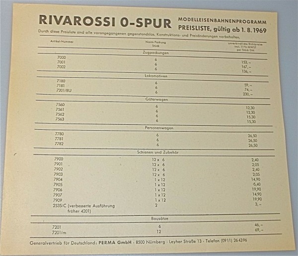 Rivarossi Spur 0 Preisliste 1969 å