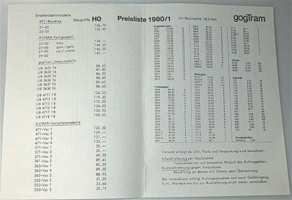 gogTram Preisliste für Spurweiten 16,5 1980/1 å