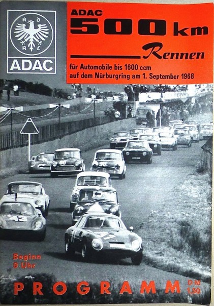 1. September 1968 ADAC 500 km Rennen 1600 ccm Nürburgring PROGRAMMHEFT å IV01 *