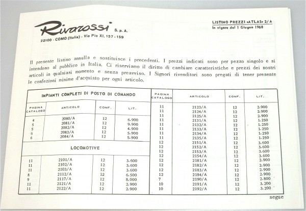 Rivarossi Listino Prezzi ATLAS Preisliste 1968 å