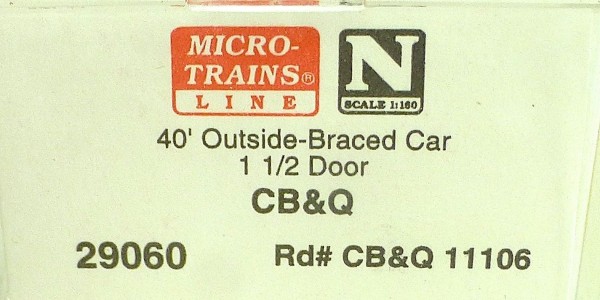 40´ Outside Braced Boxcar CB &amp; Q 11106 Micro Trains Line 29060 N 1:160 C å*