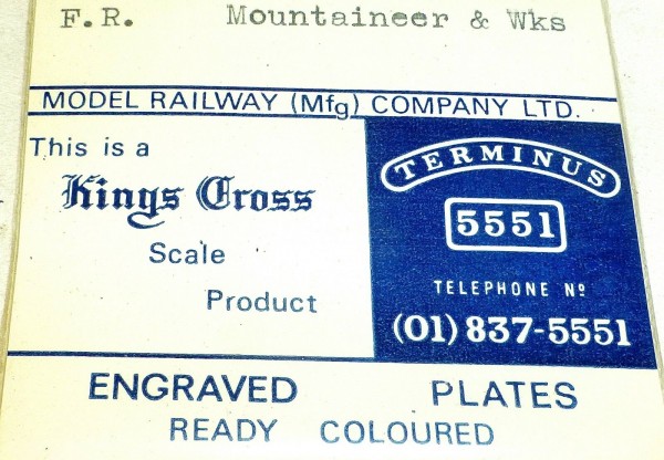 F.R. Mountaineer Wks Engraved Plates Model Railway Kings Cross Scale Product å *