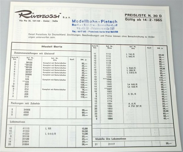 Rivarossi Preisliste N.30 D 1965 å