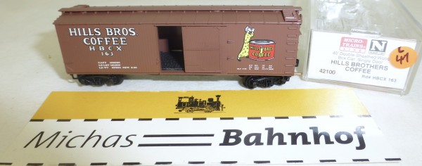 MICRO TRAINS 42100 Hills Bros Coffee 163 40&#039; Sheathed Wood Boxcar N 1:160 #41L å