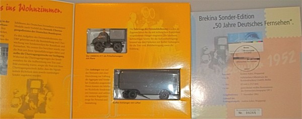 Unimog 411 Mercedes mit Kofferanhänger Übertragungsdienst BP BREKINA OVP 1/87 H0