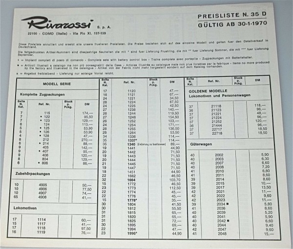 Rivarossi Preisliste N 35 D 1970 å