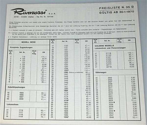 Rivarossi Preisliste N 35 D 1970 å