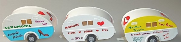 3 x WIKING Sexy Wohnwagen verschieden bedruckt 1:87 LC6 å