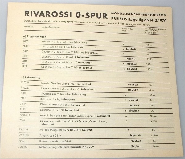 Rivarossi Spur 0 Preisliste 1970 å