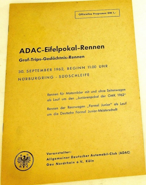 30. Sept 1962 Graf Trips ADAC Eifelpokal Rennen Nürburgring PROGRAMMHEFT VI06å *