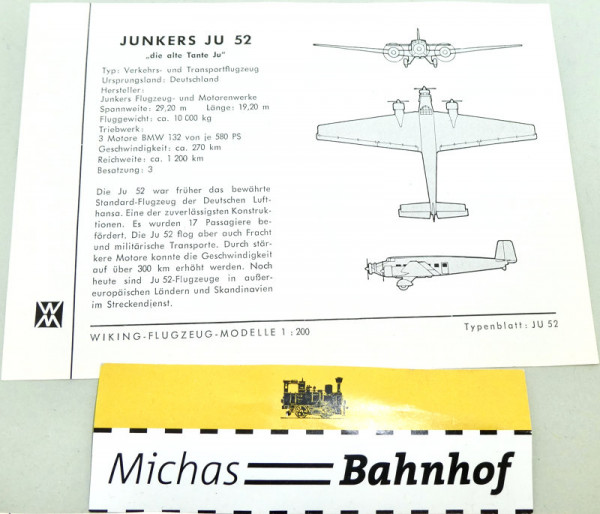WIKING FLUGZEUG MODELLE 1:200 Anleitung JUNKERS JU 52 Tante SCH å