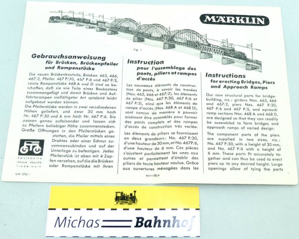 Märklin 465 466 467 Gebrauchsanweisung für Brücke Brückenpfeiler Rampen å