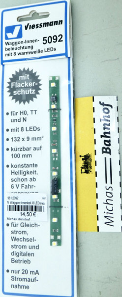 Viessmann 5092 Waggon-Innenbel. 8 LEDs warmweiß H0 TT N Neu OVP HR2 å