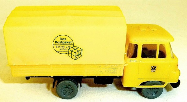 Post Robur LKW Das Postpaket Pritsche Plane gelb DDR H0 1:87 #HM5 å *