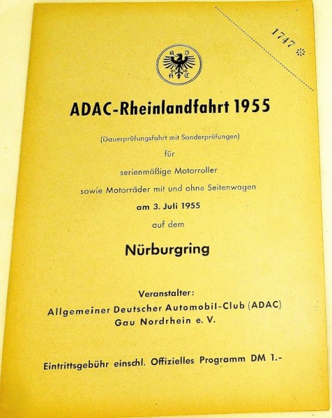 3. Juli 1955 ADAC Rheinlandfahrt Motorräder Nürburgring PROGRAMMHEFT VII10 å *