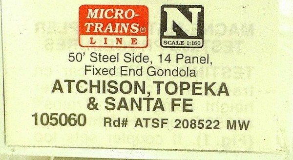 Micro Trains Line 105060 ATSF 208522 MW 50&#039; Gondola Fixed End 1:160 OVP #F å*