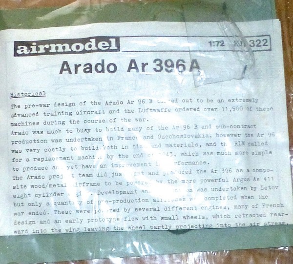 Arado Ar 396A airmodell 1:72 Flugzeug KIT 322 Bausatz ungebaut #LJ6 å *