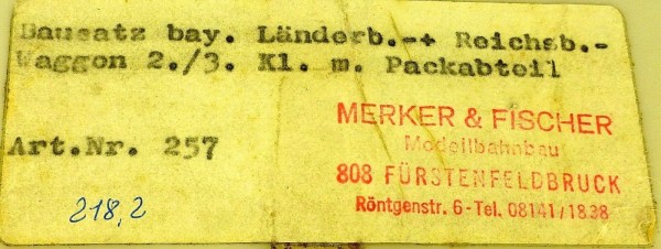 Merker &amp; Fischer 257 Bay Länder- Reichsb. 2/3 Kl Packabteil BAUSATZ 1:87 å *