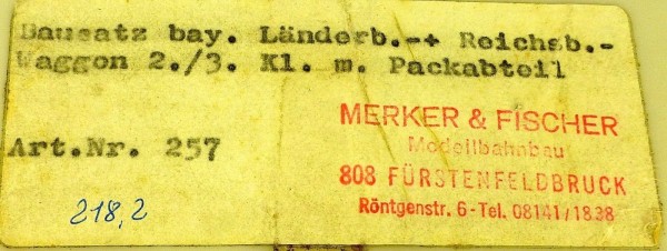 Merker &amp; Fischer 257 Bay Länder- Reichsb. 2/3 Kl Packabteil BAUSATZ 1:87 LH6å*