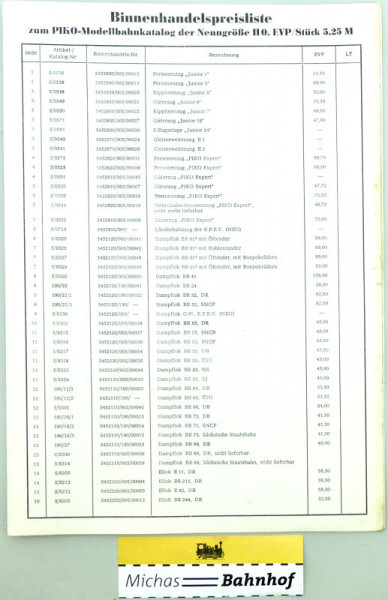 Binnenhandelspreisliste PIKO-Modellbahnkatalog Nenngröße HO HU3 å