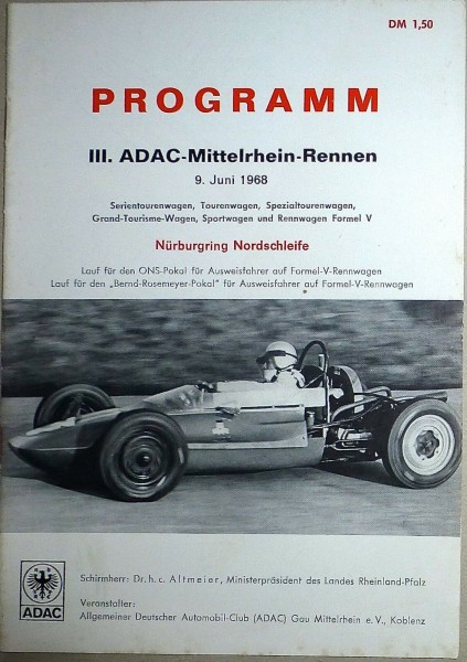 9. Juni 1968 III ADAC Mittelrhein Rennen Nürburgring PROGRAMMHEFT IV08 å