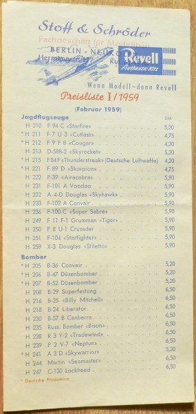 Revell Preisliste I/1959 (Februar 1959) å LG2