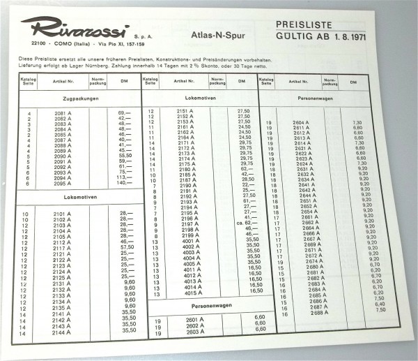 Rivarossi Atlas Spur N Preisliste 1971 å