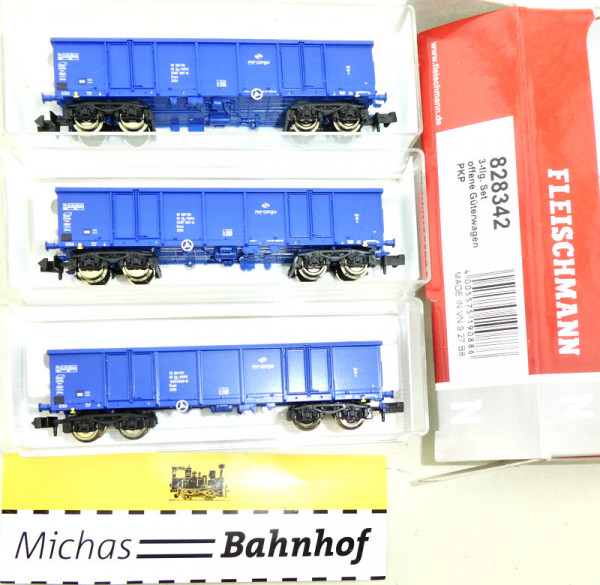 Fleischmann 828342 PKP 3-tlg Set offene Güterwagen blau N 1:160 HU3 OVP å