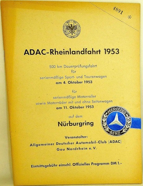 11. Oktober 1953 ADAC Rheinlandfahrt 500 km Nürburgring PROGRAMMHEFT VII04 å *