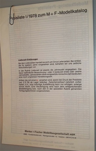 Preisliste I/1978 zum M+F Modellkatalog