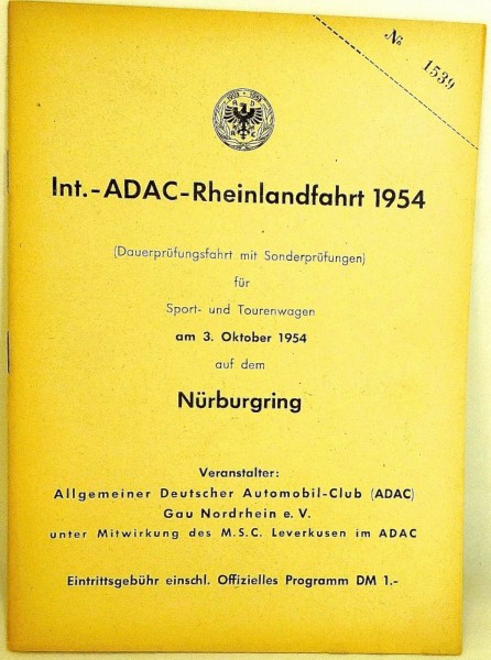 3. Oktober 1954 ADAC Rheinlandfahrt Nürburgring PROGRAMMHEFT VII06 å *